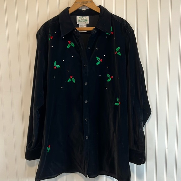Black velvet the Quaker factory 100% cotton large shirt rhinestone Christmas - Picture 1 of 9